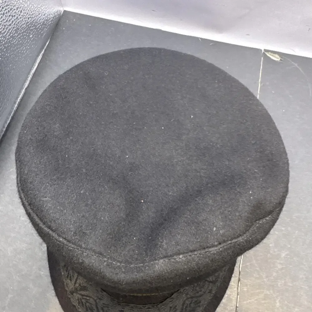 Vintage Greek Fisherman Cap Black Wool Gold Band Made in Greece Nautical Hat